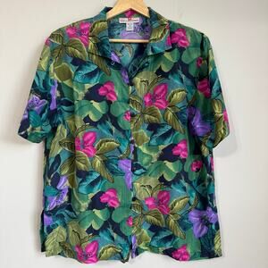 Vintage Women's Silk Shirt Large Floral Button Down Tropical Shoulder Pads 80s